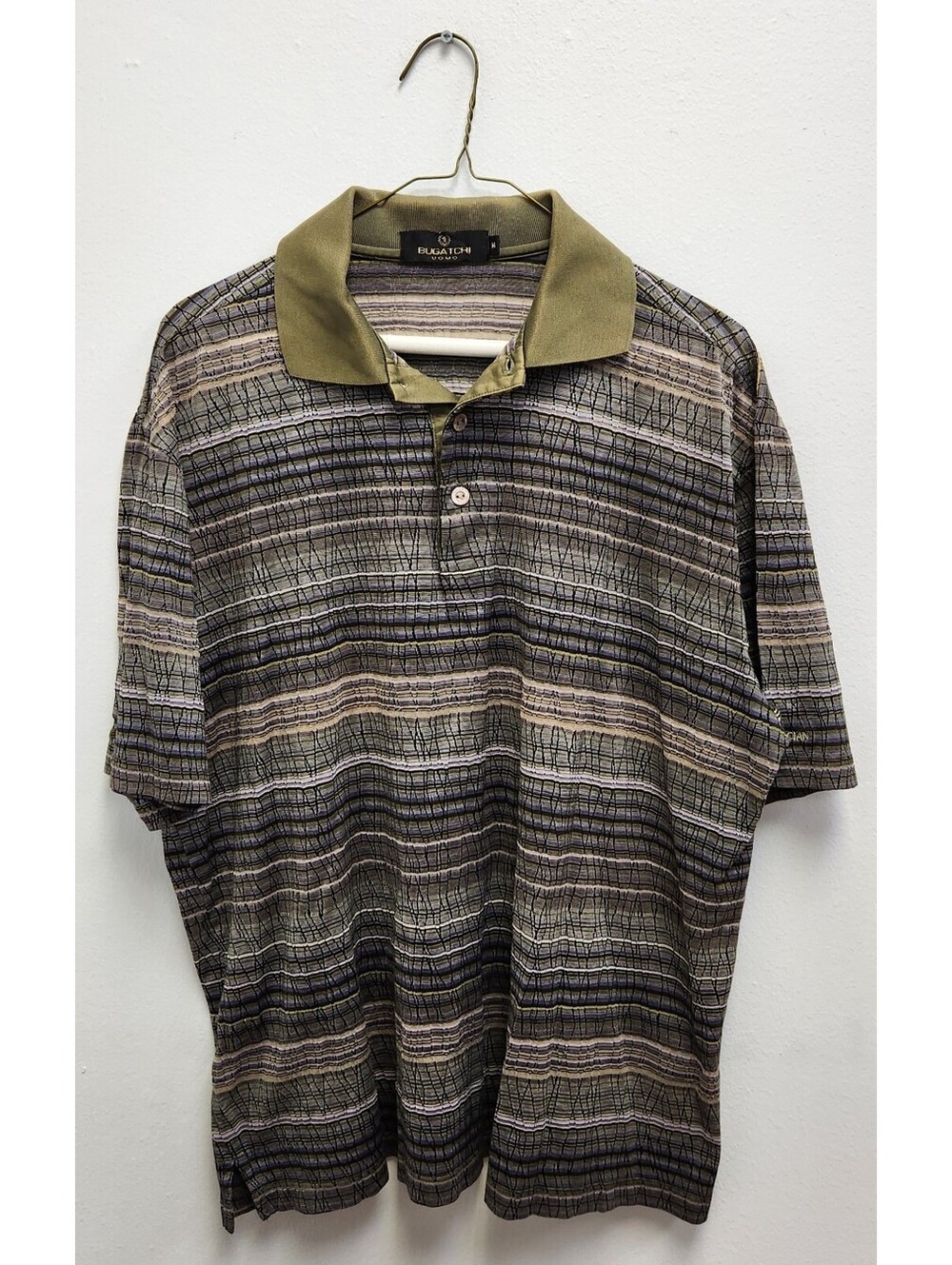 Bugatchi Uomo Mercerized Cotton Knit Polo Shirt Medium Geometric Aztec Olive
